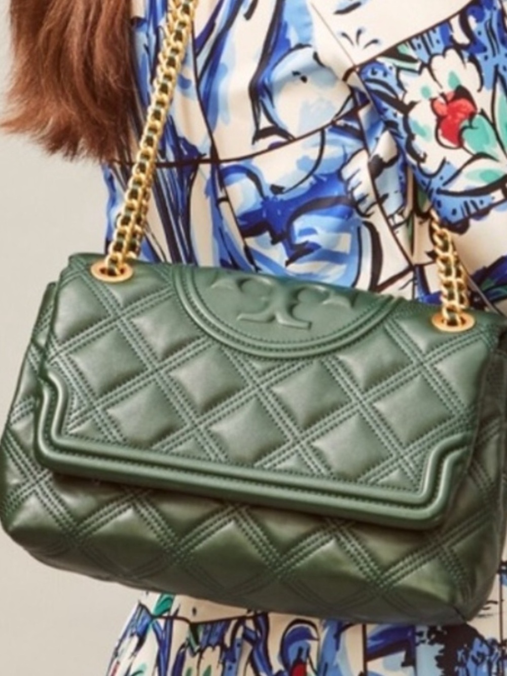 Tory Burch Dark Green Quilted Leather Shoulder Bag with Gold Chain